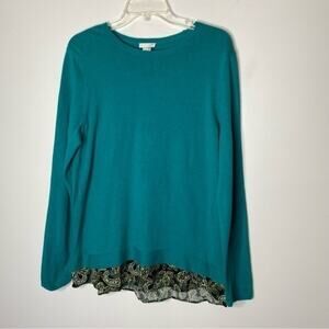 J. Jill Green Split Back Paisley Detail Sweater Size Medium Business Casual‎
